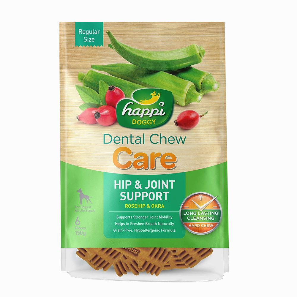 Happi Doggy Dental Chew Care Hard Chew Hip & Joint Support Rosehip & Okra Regular 150g dental dog chews,vet approved chews,teeth cleaning treats