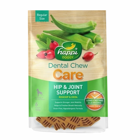 Happi Doggy Dental Chew Care Hard Chew Hip & Joint Support Rosehip & Okra Regular 150g dental dog chews,vet approved chews,teeth cleaning treats