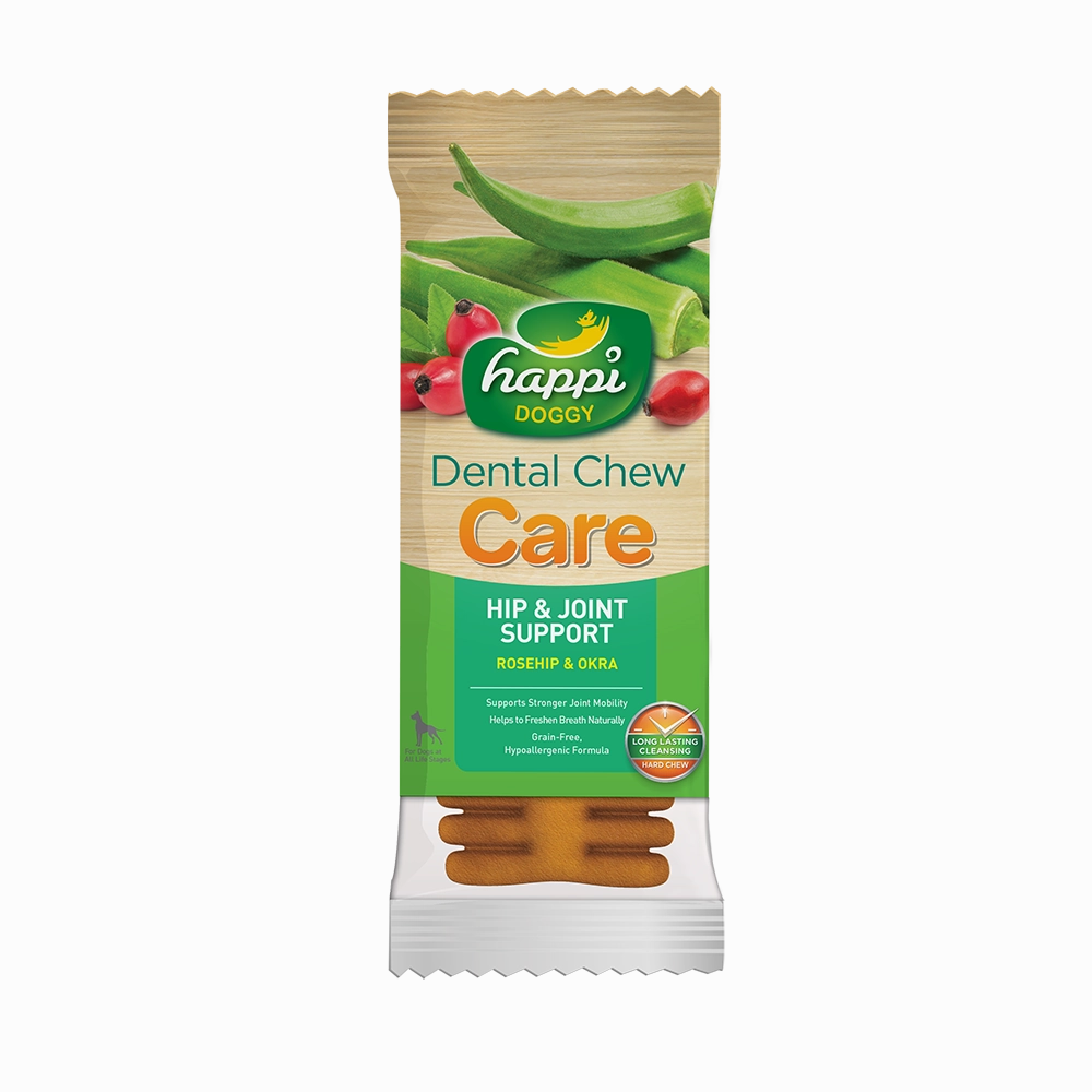 Happi Doggy Dental Chew Care Hard Chew Hip & Joint Support Rosehip & Okra Regular 25g dental dog chews,vet approved chews,teeth cleaning treats
