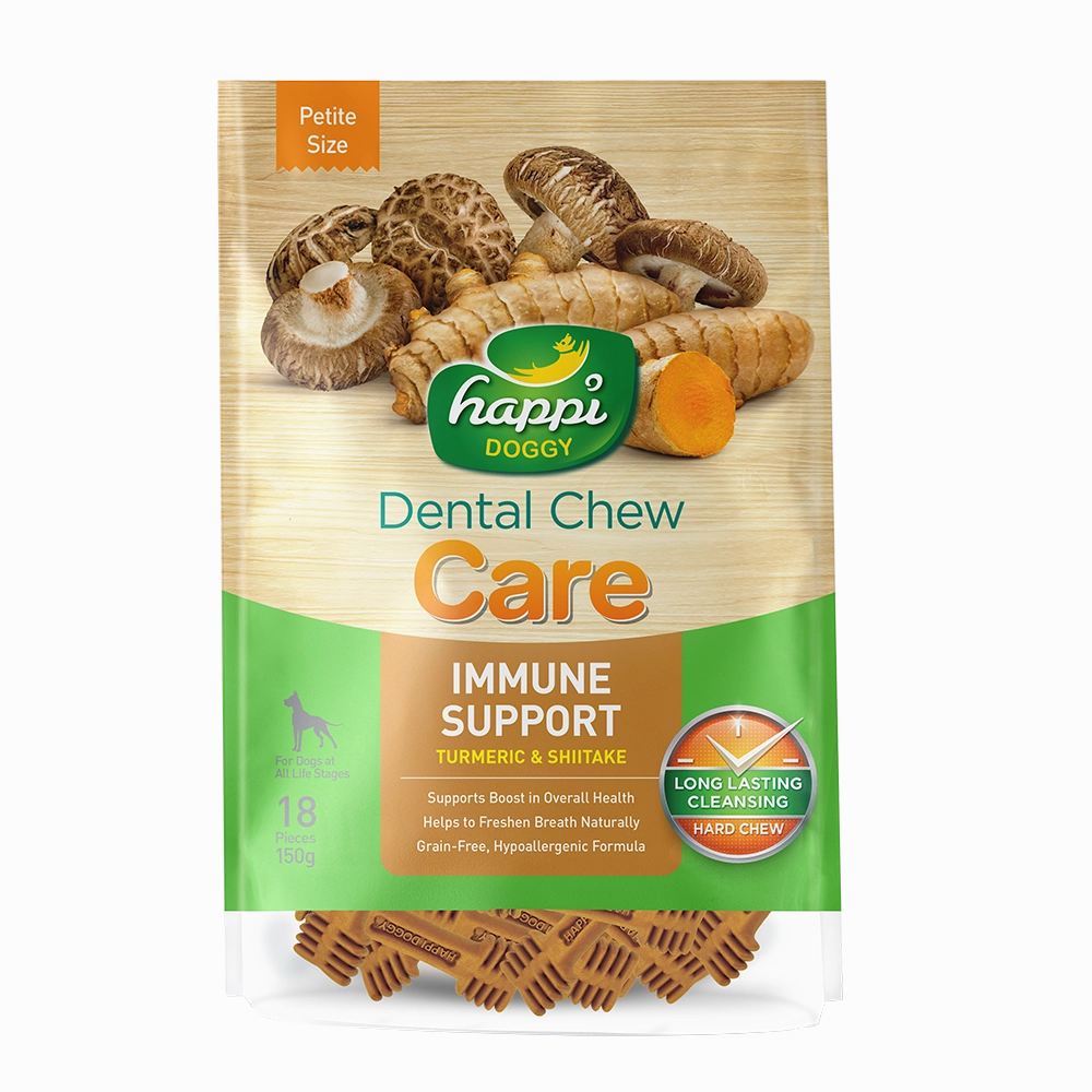Happi Doggy Dental Chew Care Hard Chew Immune Support Turmeric & Shiitake Petite 150g dental dog chews,vet approved chews,teeth cleaning treats