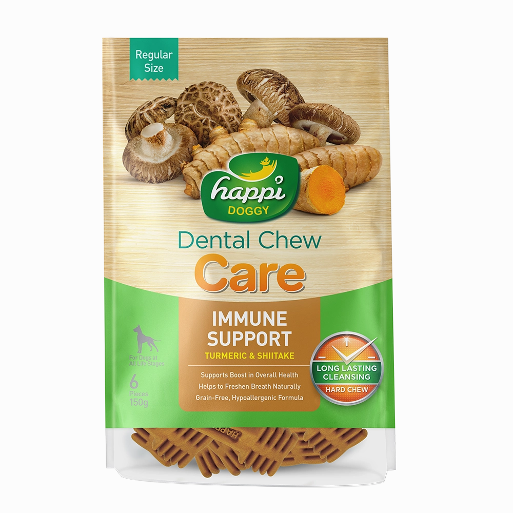 Happi Doggy Dental Chew Care Hard Chew Immune Support Turmeric & Shiitake Regular 150g dental dog chews,vet approved chews,teeth cleaning treats