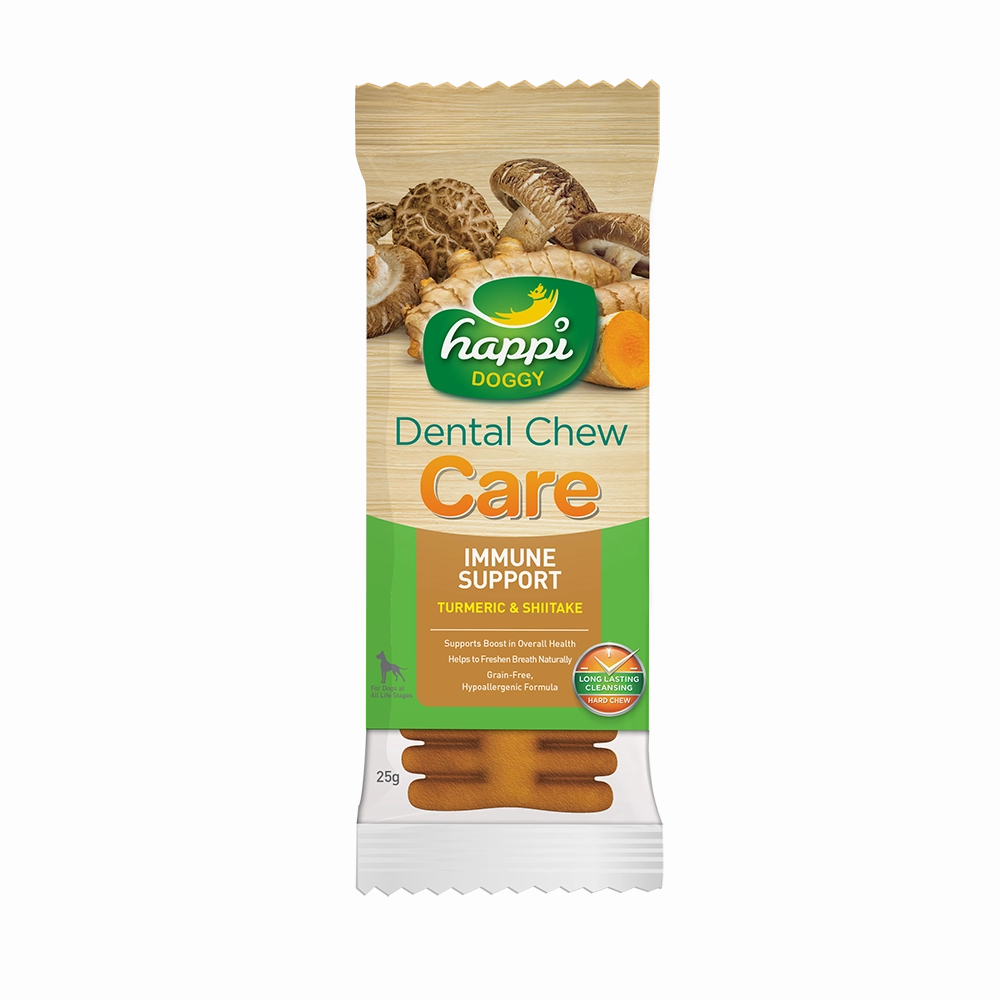 Happi Doggy Dental Chew Care Hard Chew Immune Support Turmeric & Shiitake Regular 25g dental dog chews,vet approved chews,teeth cleaning treats