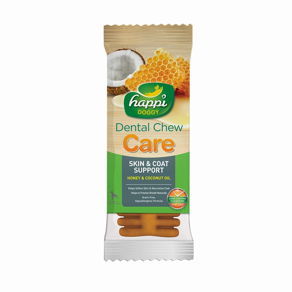 Happi Doggy Dental Chew Care Hard Chew Skin & Coat Support Honey & Coconut Oil Regular 25g dental dog chews,vet approved chews,teeth cleaning treats