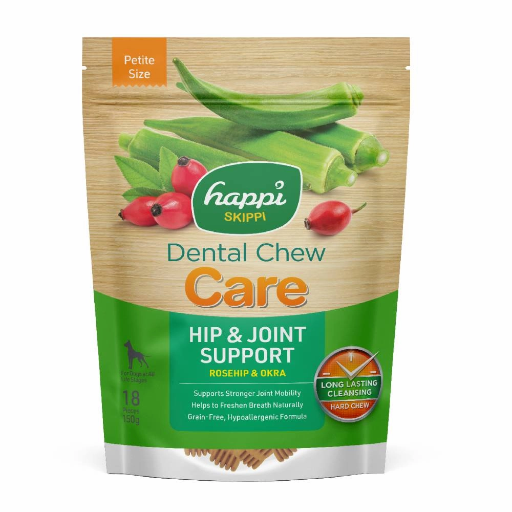 Happi Skippi Dental Chew Care Hard Chew Hip & Joint Support Rosehip & Okra Petite 150g dental dog chews,vet approved chews,teeth cleaning treats