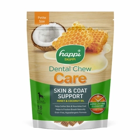 Happi Skippi Dental Chew Care Hard Chew Skin & Coat Support Honey & Coconut Oil Petite 150g dental dog chews,vet approved chews,teeth cleaning treats