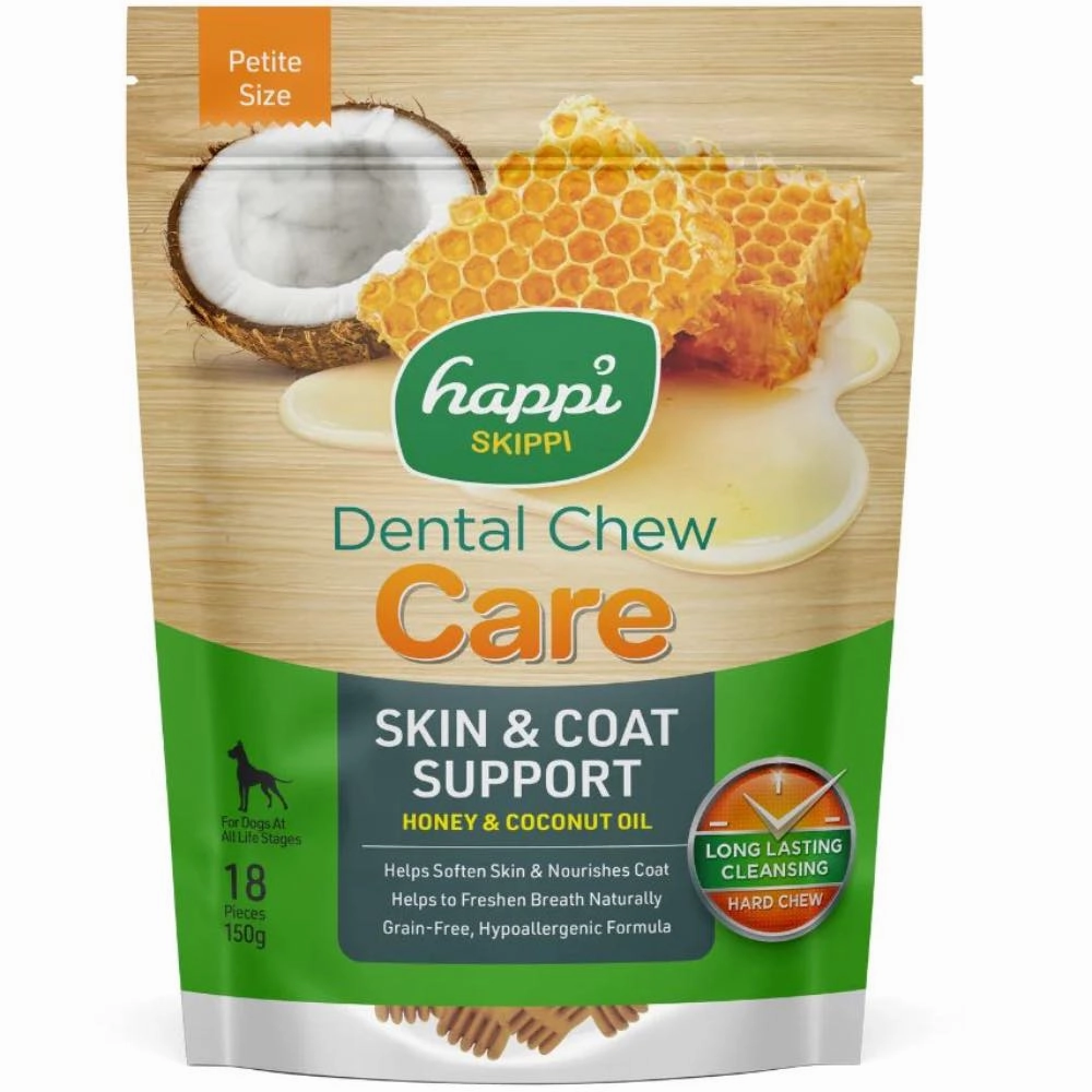 Happi Skippi (Doggy) Care Honey & Coconut Oil Skin & Coat Support Grain-Free Dental Dog Chews 150g dog dental kit,pet toothbrush,dog oral care