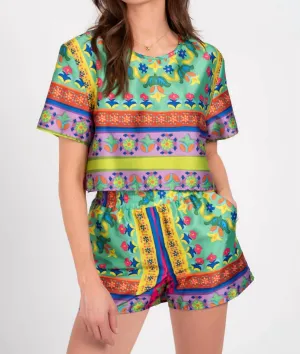Helen Silky Pull-On Shorts In Green Multi