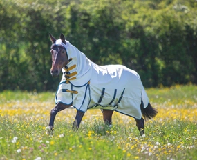 Highlander Plus Sweet-Itch Combo Sheet, White/Teal/Mustard horse blanket,poultry bed sheet,equine sheets
