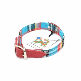 Hiro Wolf Collar: Masai Blue Check dog collar,leather dog collar,adjustable dog collar