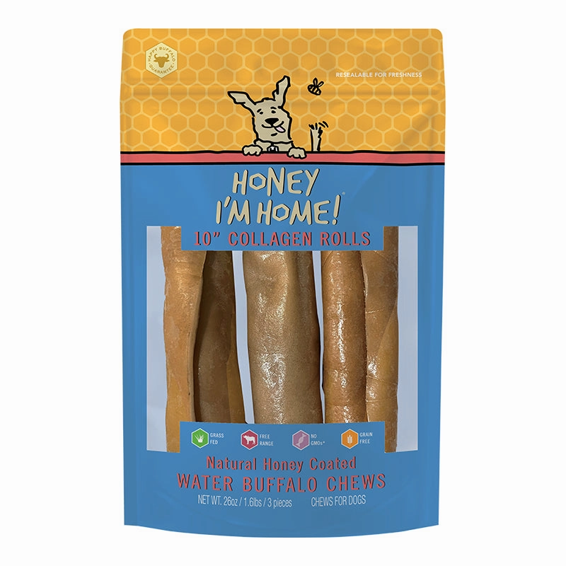 Honey I'm Home! Buffalo Collagen Roll Dog Chews 10" - 3-pack 26oz bag pet id tag,personalized dog tag,engraved cat id
