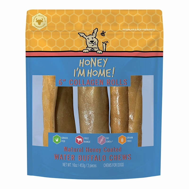 Honey I'm Home! Buffalo Collagen Roll Dog Chews 6" - 3-pack 16oz bag pet id tag,personalized dog tag,engraved cat id