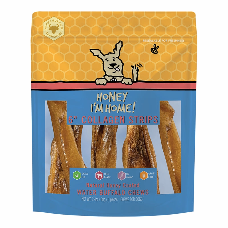 Honey I'm Home! Buffalo Collagen Strips Dog Chews 6" - 5-pack 2.4oz bag pet id tag,personalized dog tag,engraved cat id