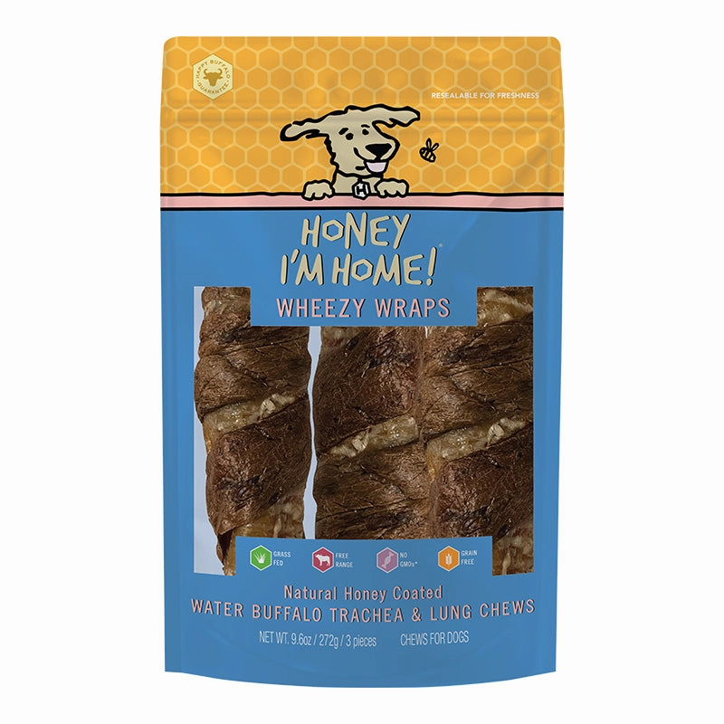 Honey I'm Home! Wheezy Wraps - Buffalo Trachea Wrapped in Lung Dog Chews 10" - 3-pack 9.6oz bag pet id tag,personalized dog tag,engraved cat id