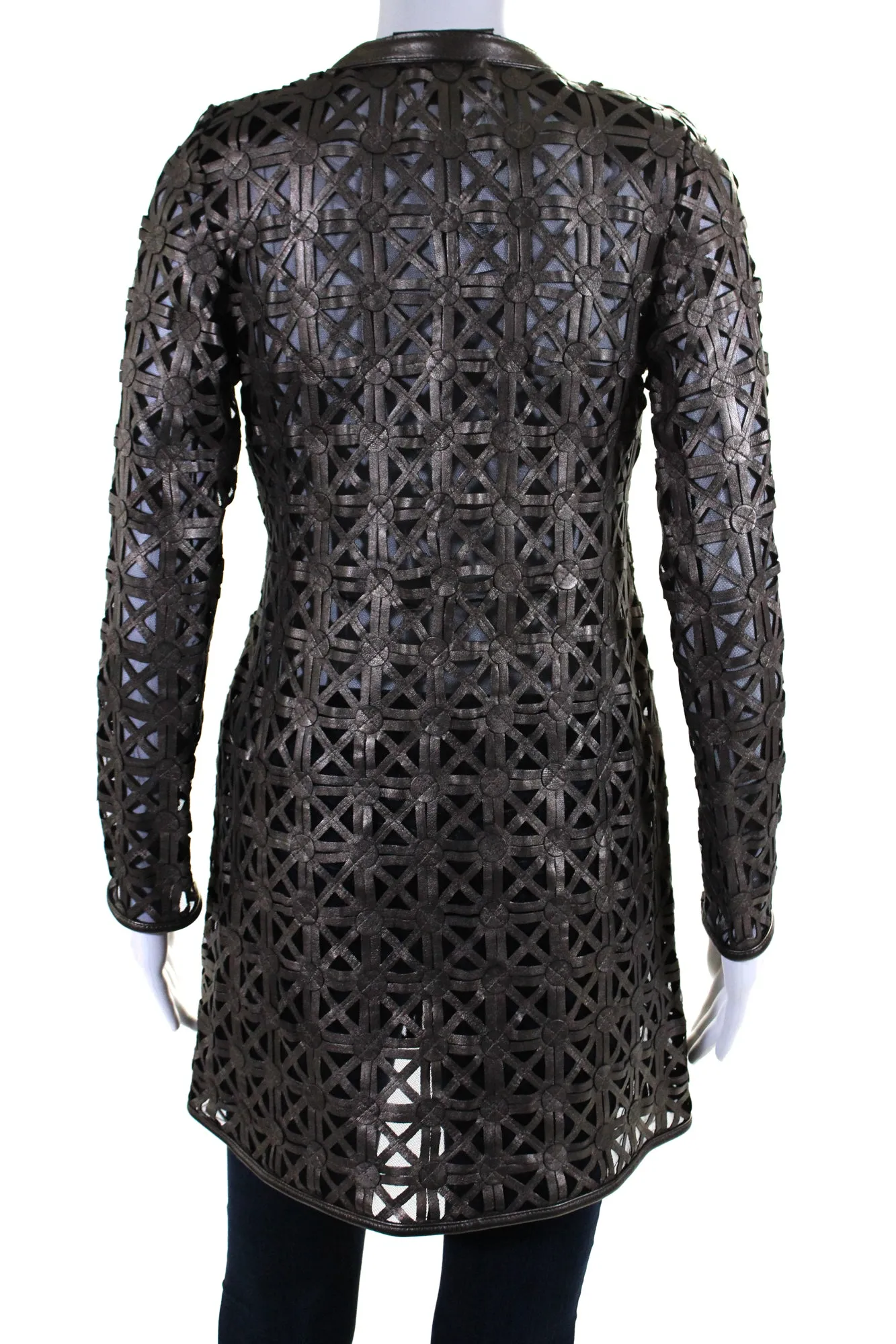 In Transit Womens Laser Cut Metallic Mesh Leather Jacket Brown Black