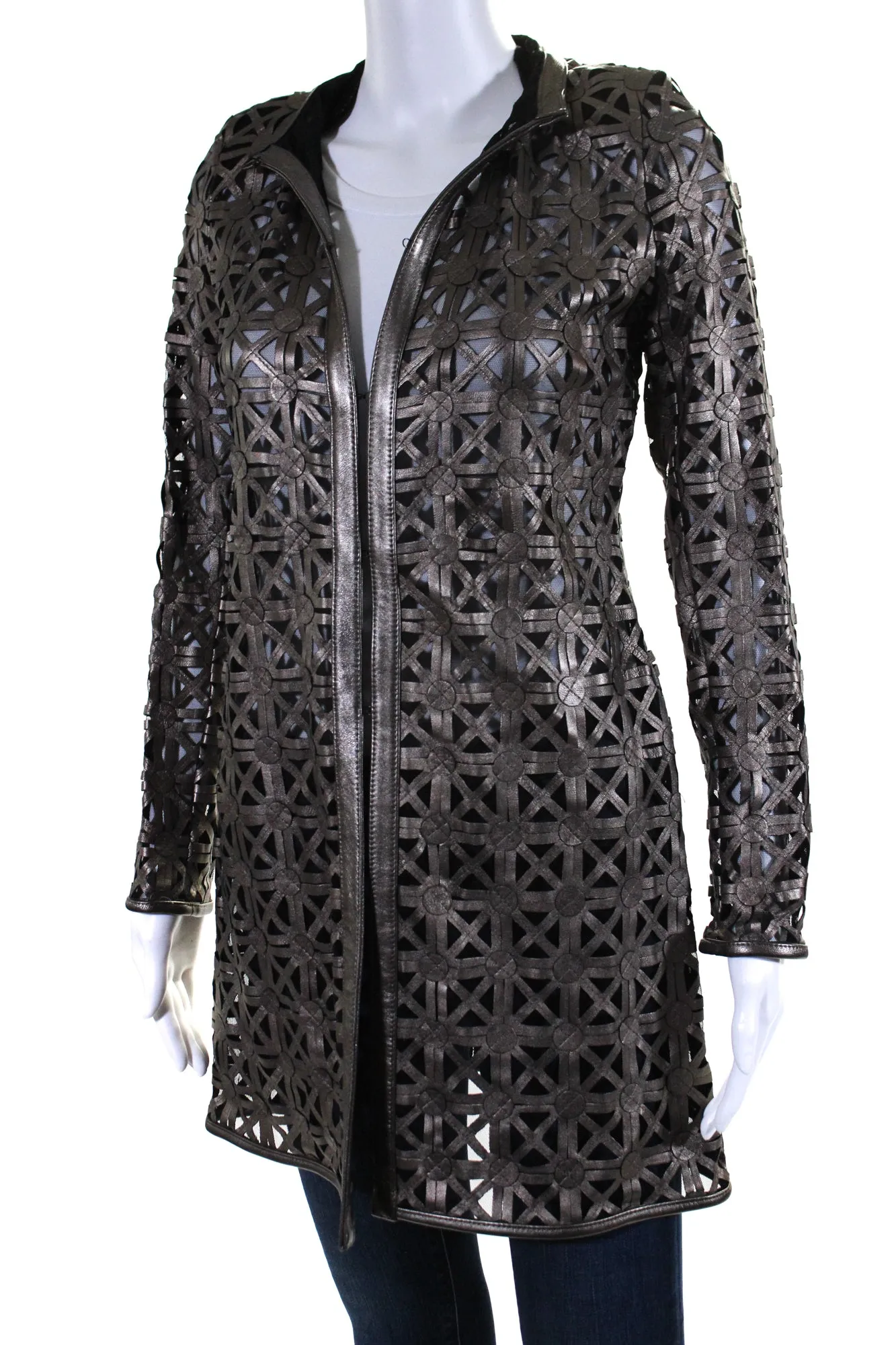 In Transit Womens Laser Cut Metallic Mesh Leather Jacket Brown Black