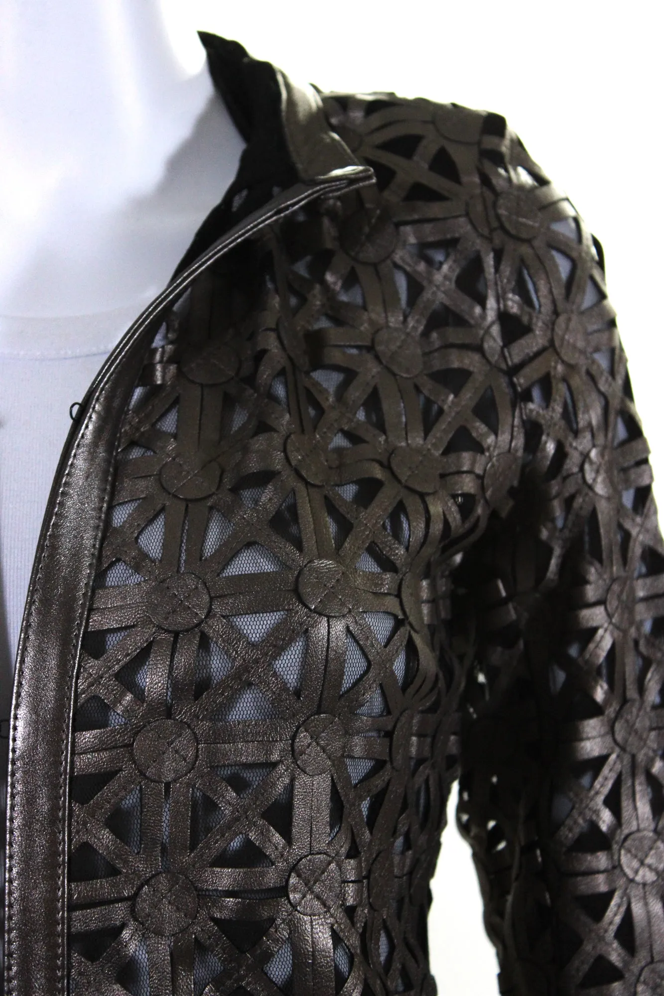 In Transit Womens Laser Cut Metallic Mesh Leather Jacket Brown Black