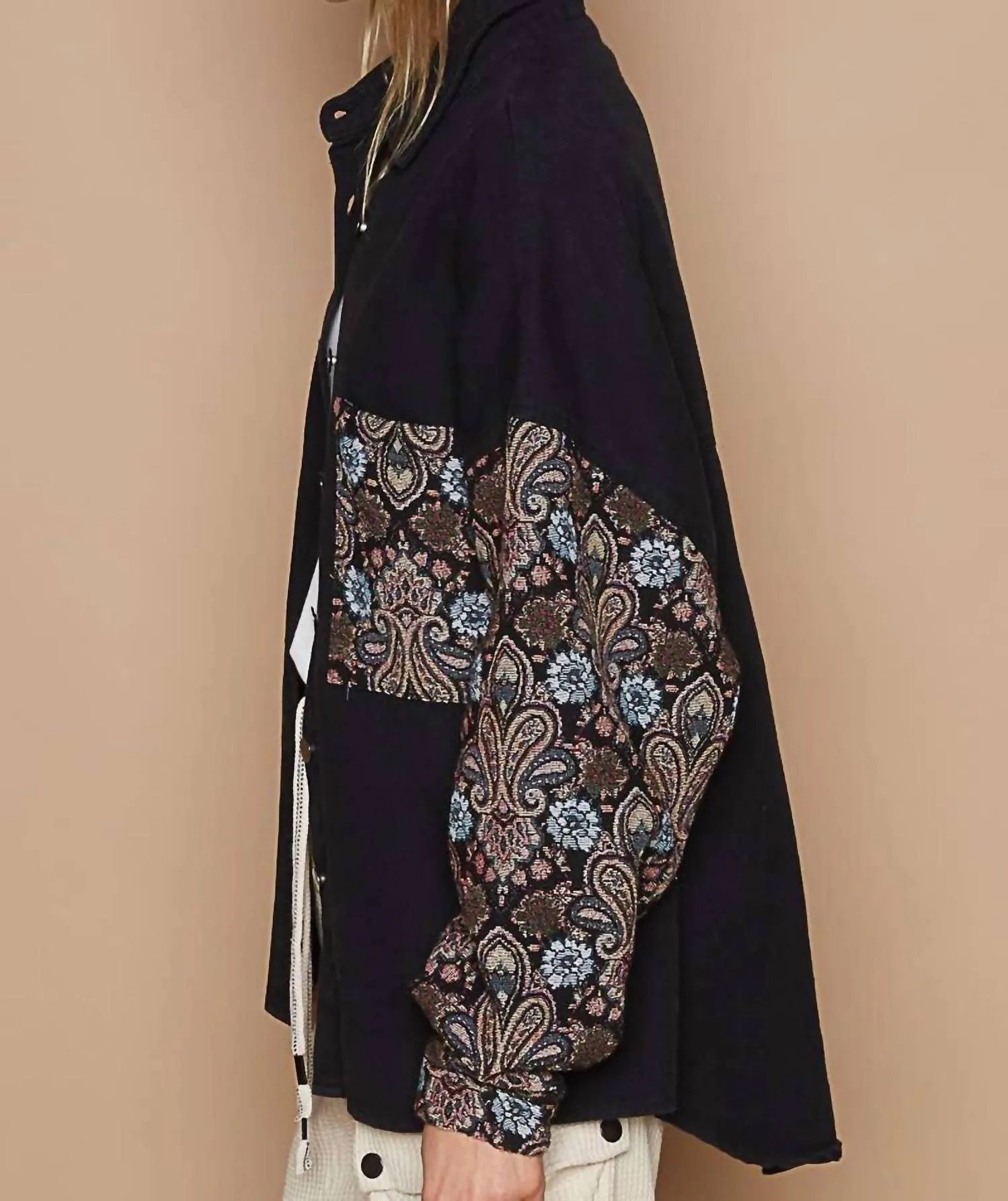 Jacquard Sleeve Shacket In Black