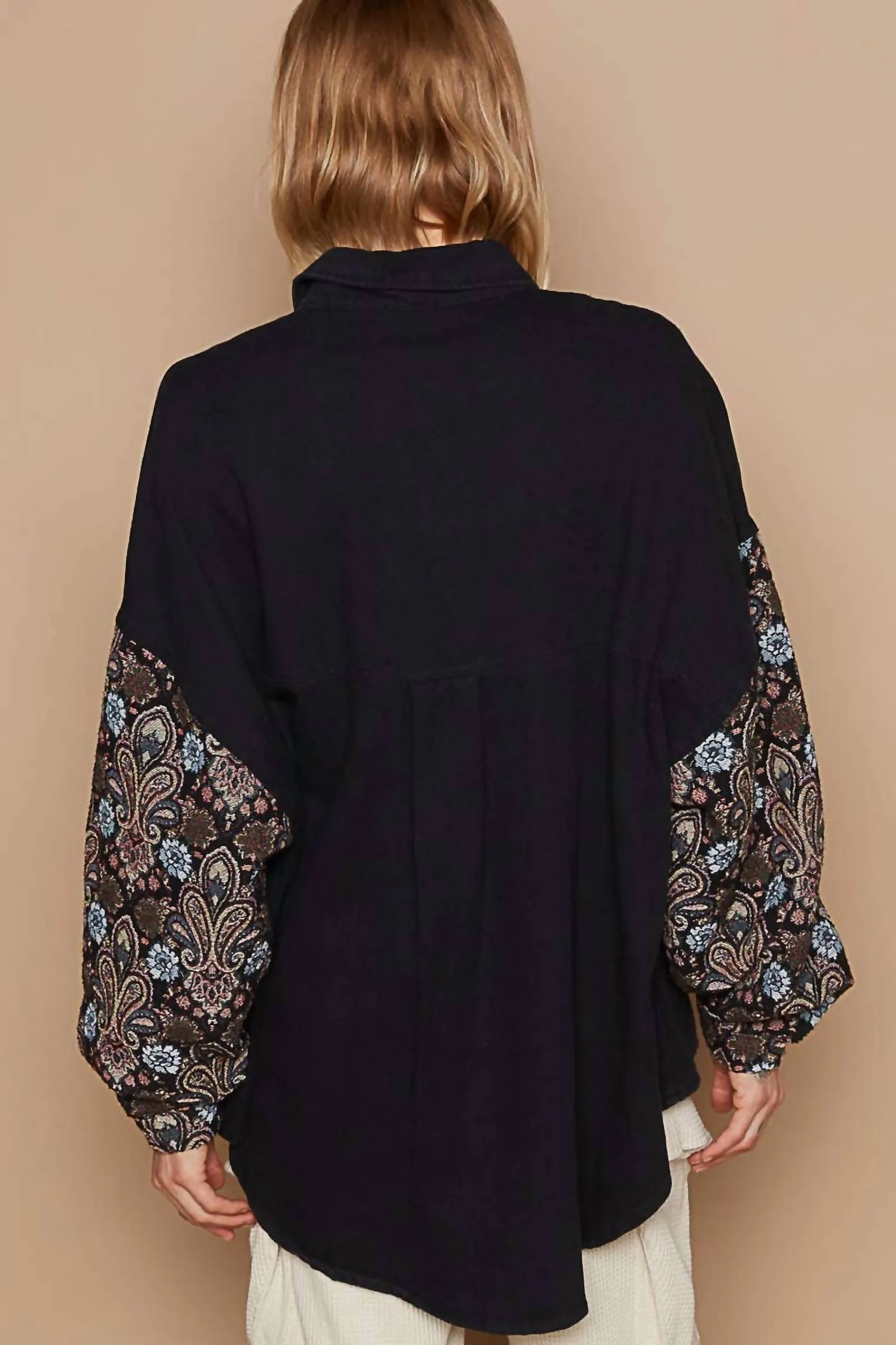 Jacquard Sleeve Shacket In Black