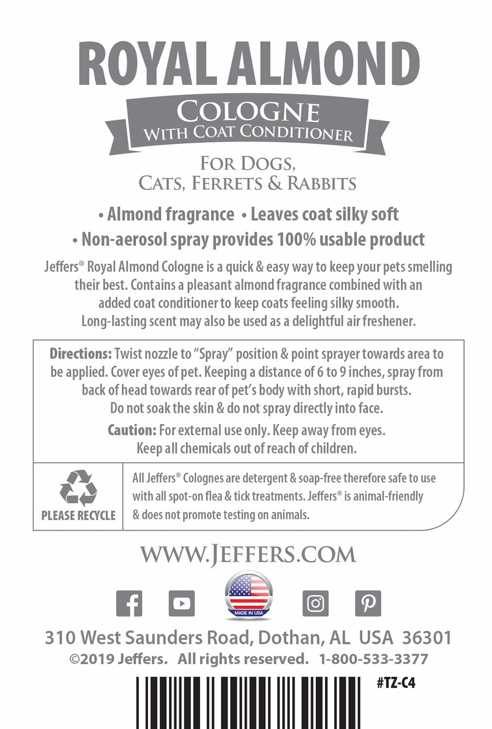 Jeffers Pet Colognes with Coat Conditioner, 16 oz Spray