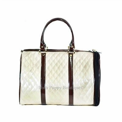 JL Duffel Tote Carrier- Ivory Quilted Luxe with Brown Shiny Trim dog travel crate,airline approved dog carrier,dog transport bag