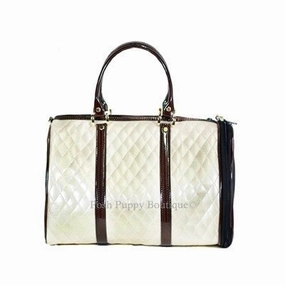 JL Duffel Tote Carrier- Ivory Quilted Luxe with Brown Shiny Trim dog travel crate,airline approved dog carrier,dog transport bag