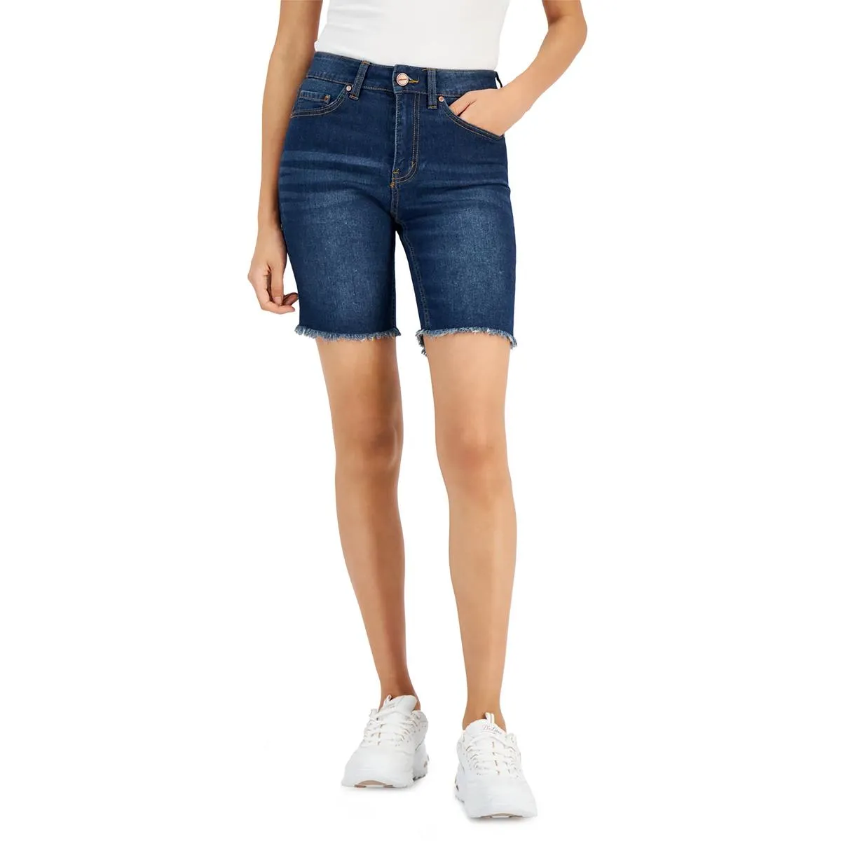 Juniors Womens Dark Wash Raw Hem Bermuda Shorts