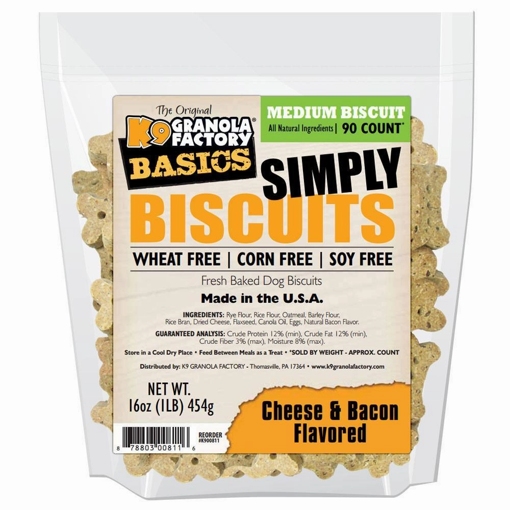 K9 Granola Factory Simply Biscuits - CHEESE & BACON Medium 16oz Bag dog biscuit treats,crunchy dog snacks,dog cookies