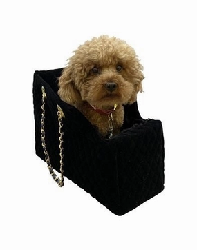 Kate Carrier in Quilted Black Velvet with Chain Straps dog travel crate,airline approved dog carrier,dog transport bag