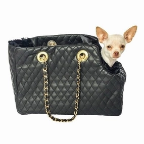 Kate Carrier in Quilted Black with Chain Straps dog travel crate,airline approved dog carrier,dog transport bag