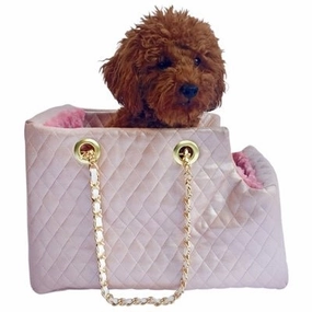 Kate Carrier in Quilted Pearl Pink with Chain Straps dog travel crate,airline approved dog carrier,dog transport bag