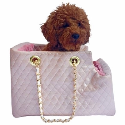 Kate Carrier in Quilted Pearl Pink with Chain Straps dog travel crate,airline approved dog carrier,dog transport bag