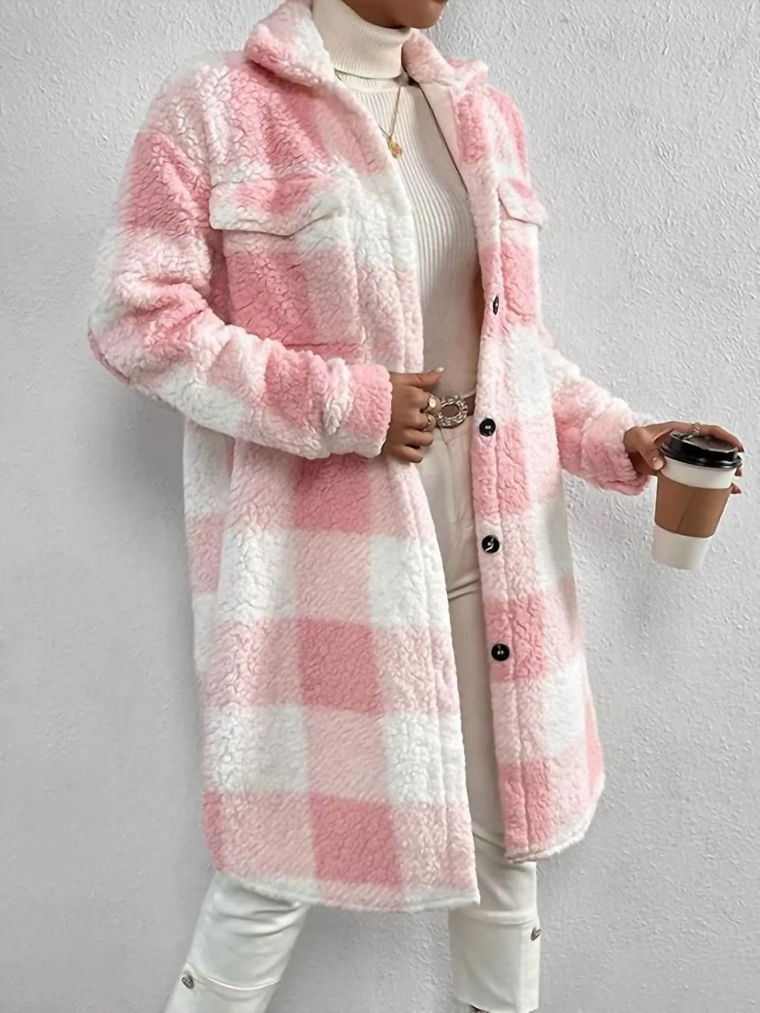 Katie Sherpa Plaid Midi Coat In Light Pink