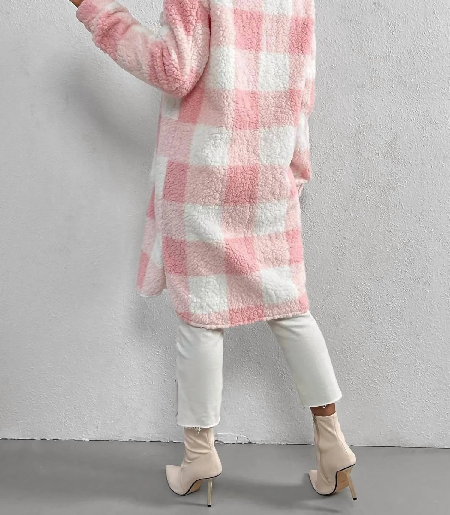 Katie Sherpa Plaid Midi Coat In Light Pink