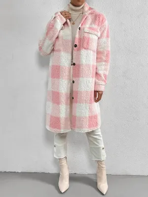 Katie Sherpa Plaid Midi Coat In Light Pink