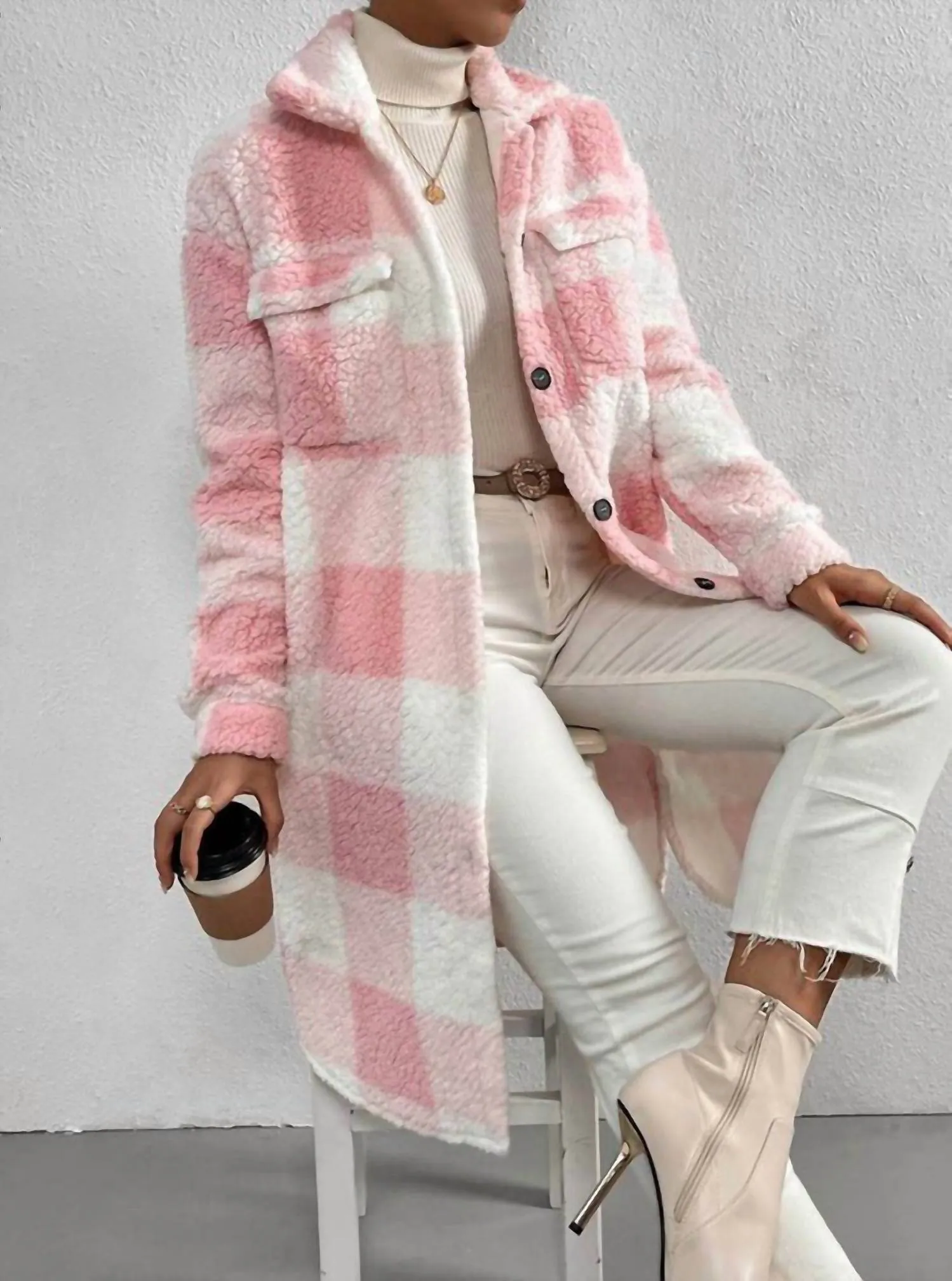 Katie Sherpa Plaid Midi Coat In Light Pink