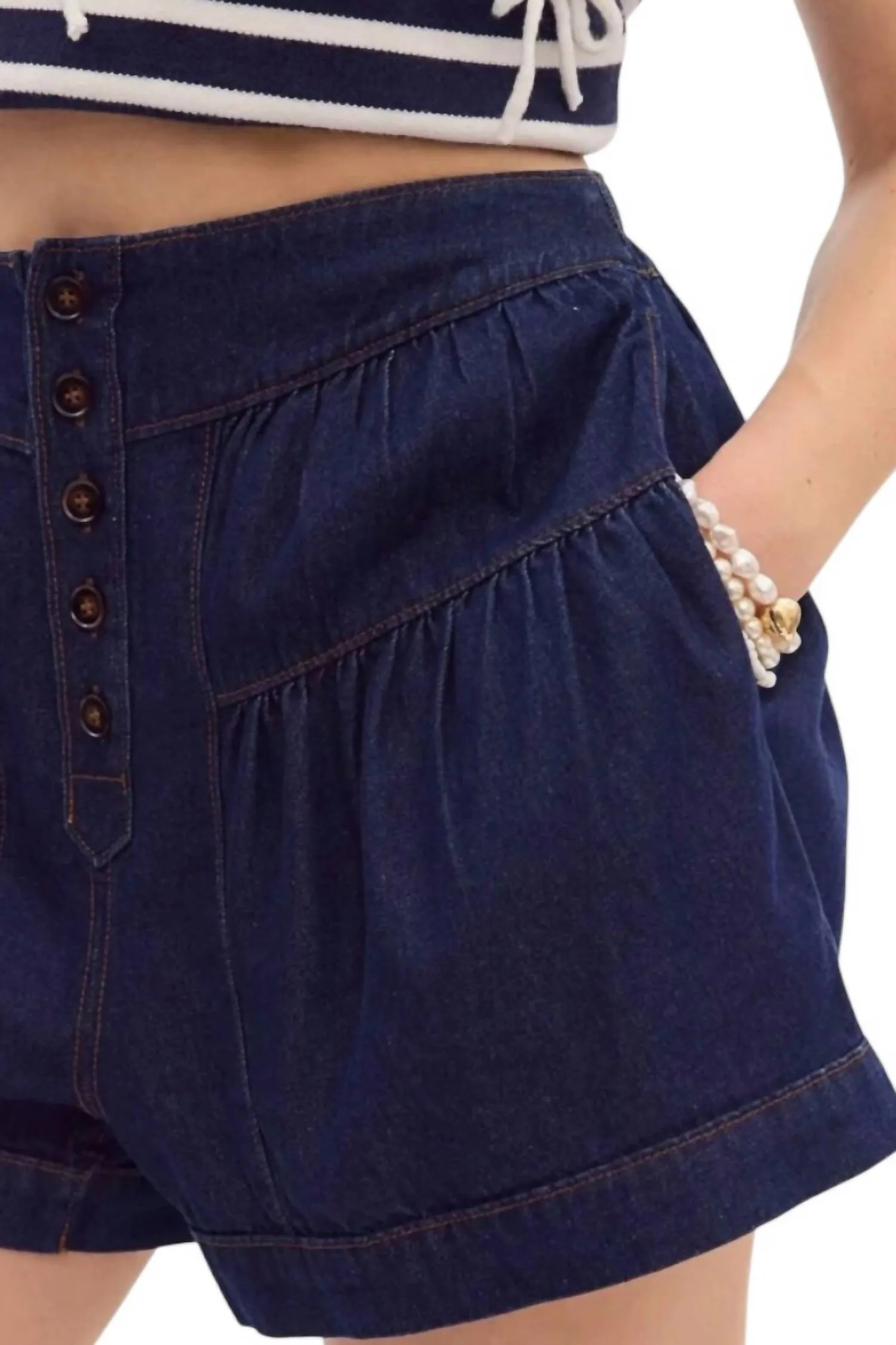 Kelsie Flared High-Waisted Denim Shorts In Dark Denim