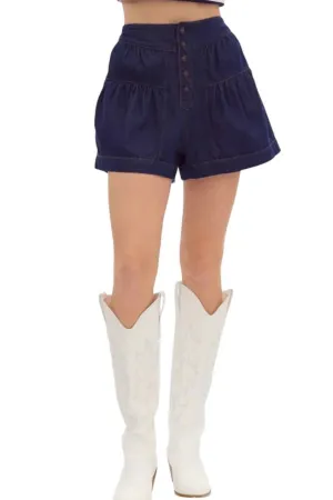 Kelsie Flared High-Waisted Denim Shorts In Dark Denim
