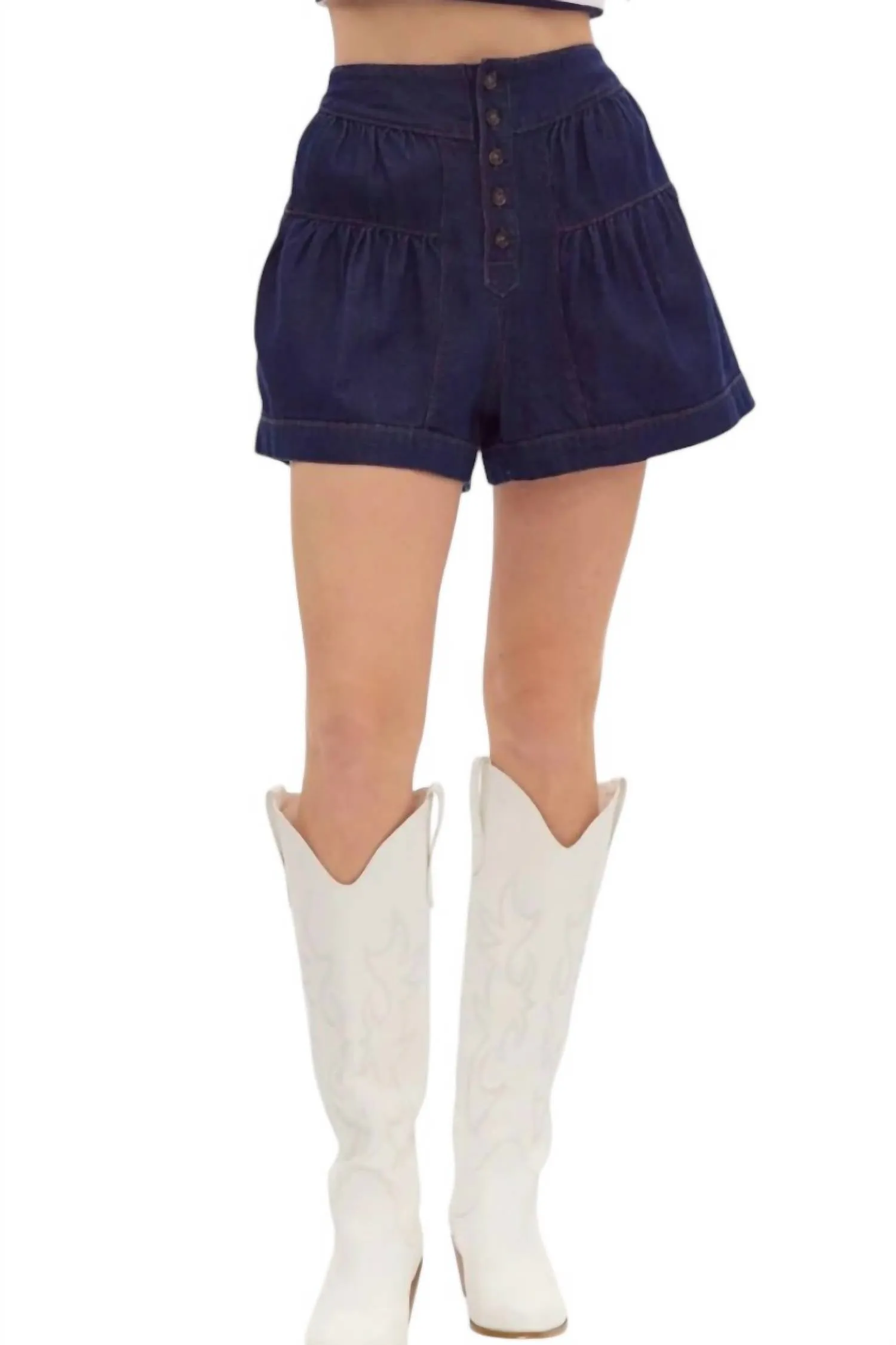 Kelsie Flared High-Waisted Denim Shorts In Dark Denim