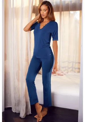 LASCANA Women's Side Lace Insert Pajama Pants, Midnight Blue