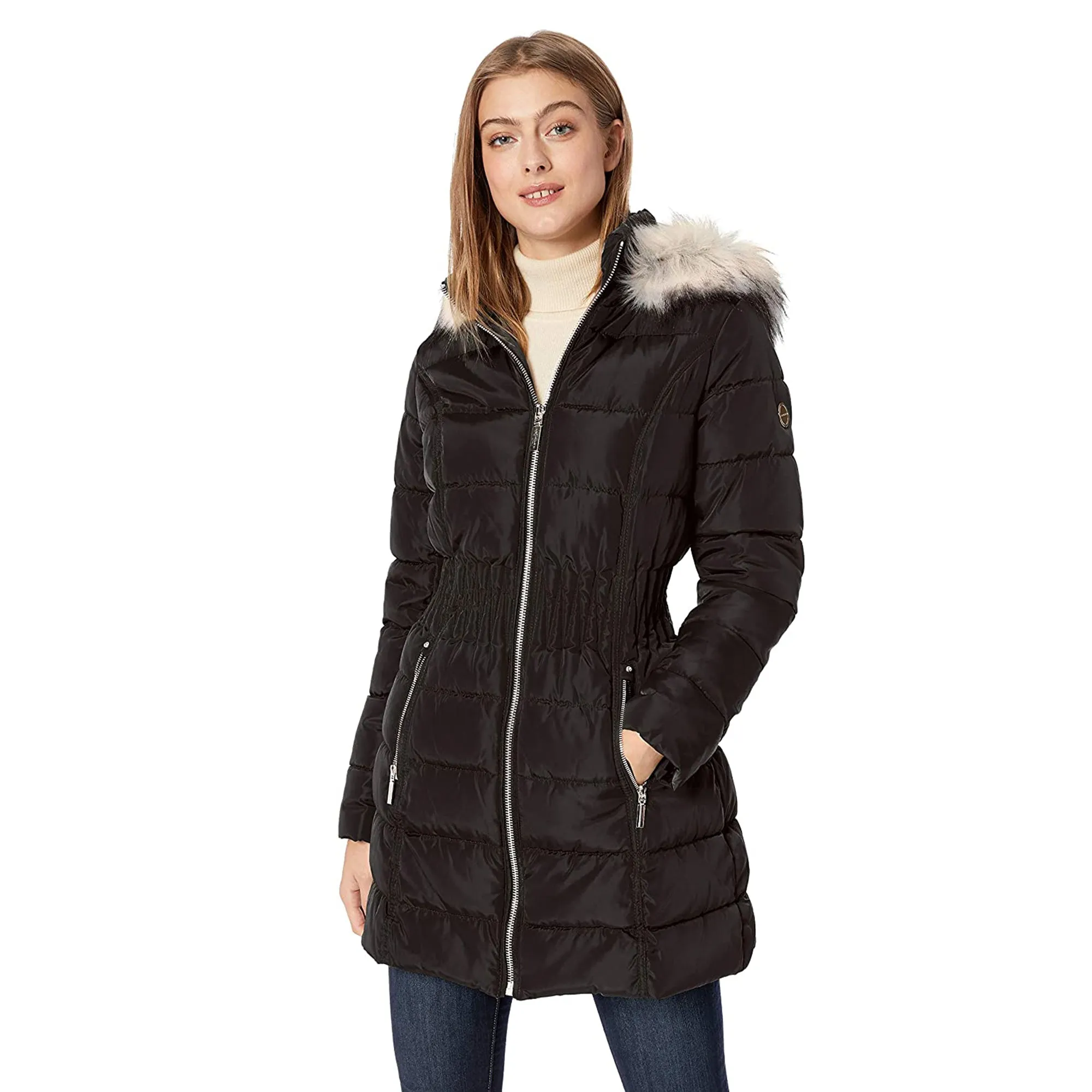 Laundry by Shelli Segal Black Cinch Waist Down Puffer Hooded Coat