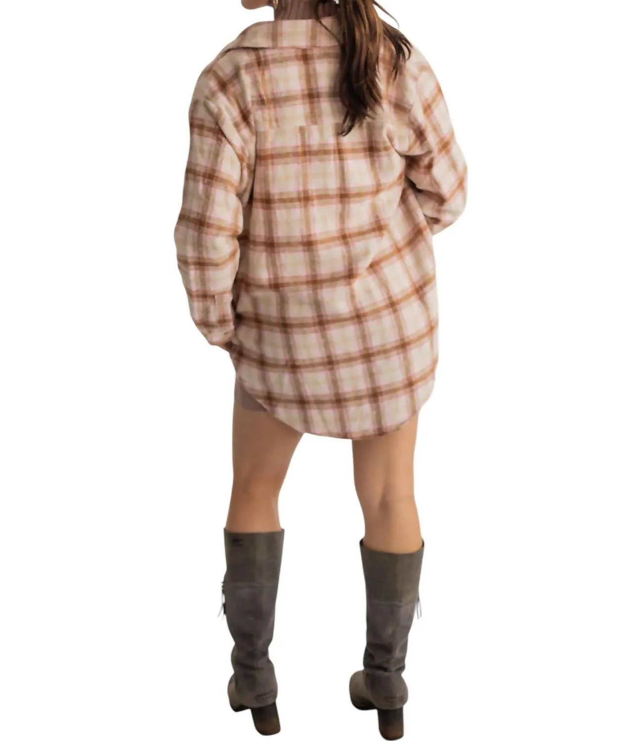 Lexi Plaid Pocketed Shacket In Brown