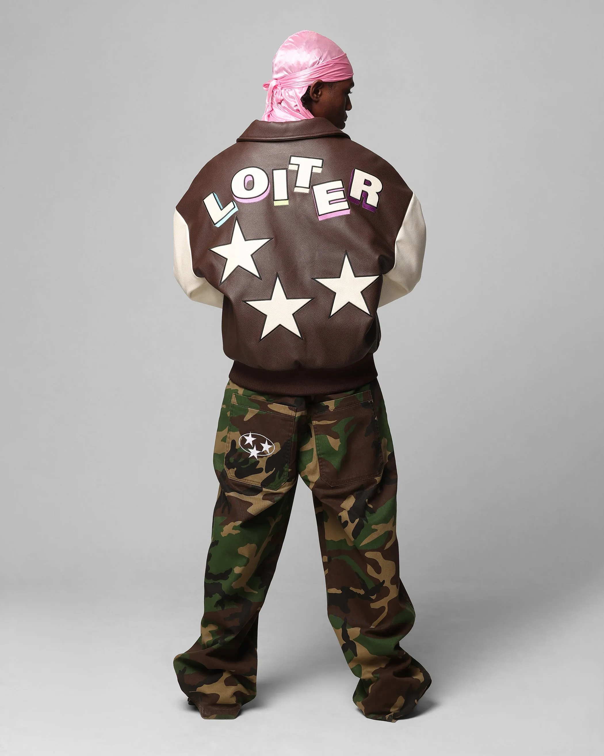 Loiter Solar Vegan Leather Varsity Jacket Brown/Beige
