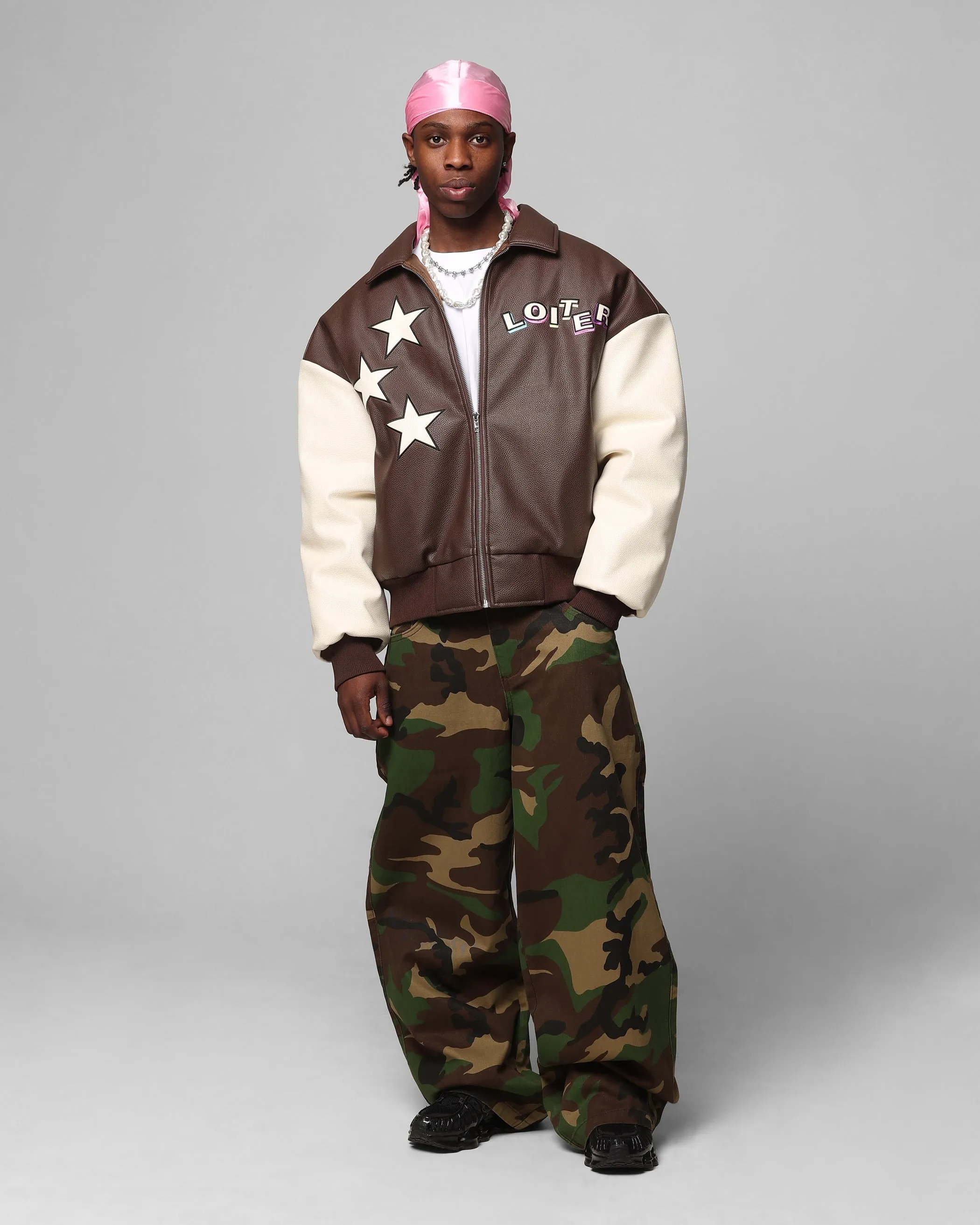 Loiter Solar Vegan Leather Varsity Jacket Brown/Beige