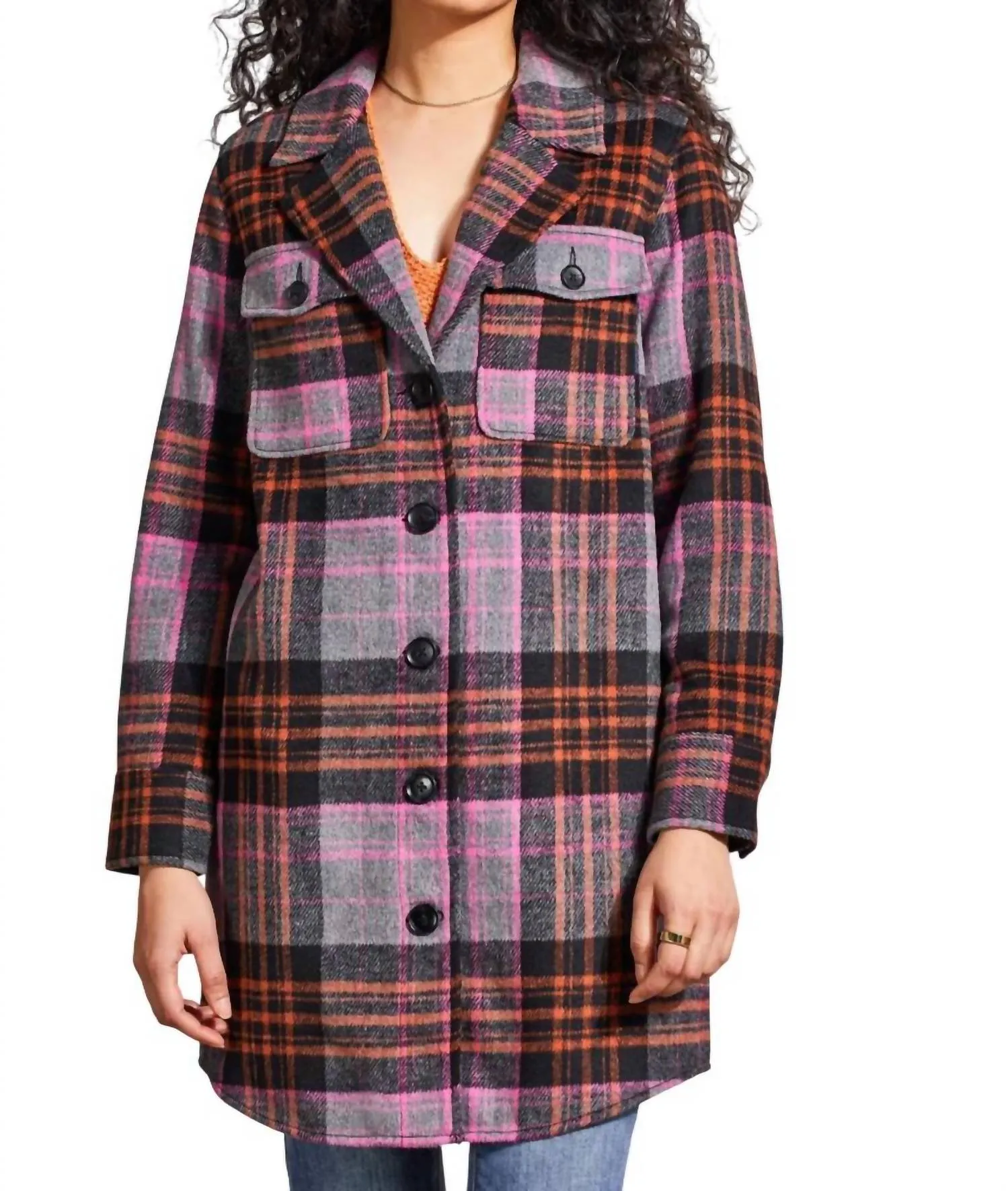 Long Plaid Shacket In Burnt Orange