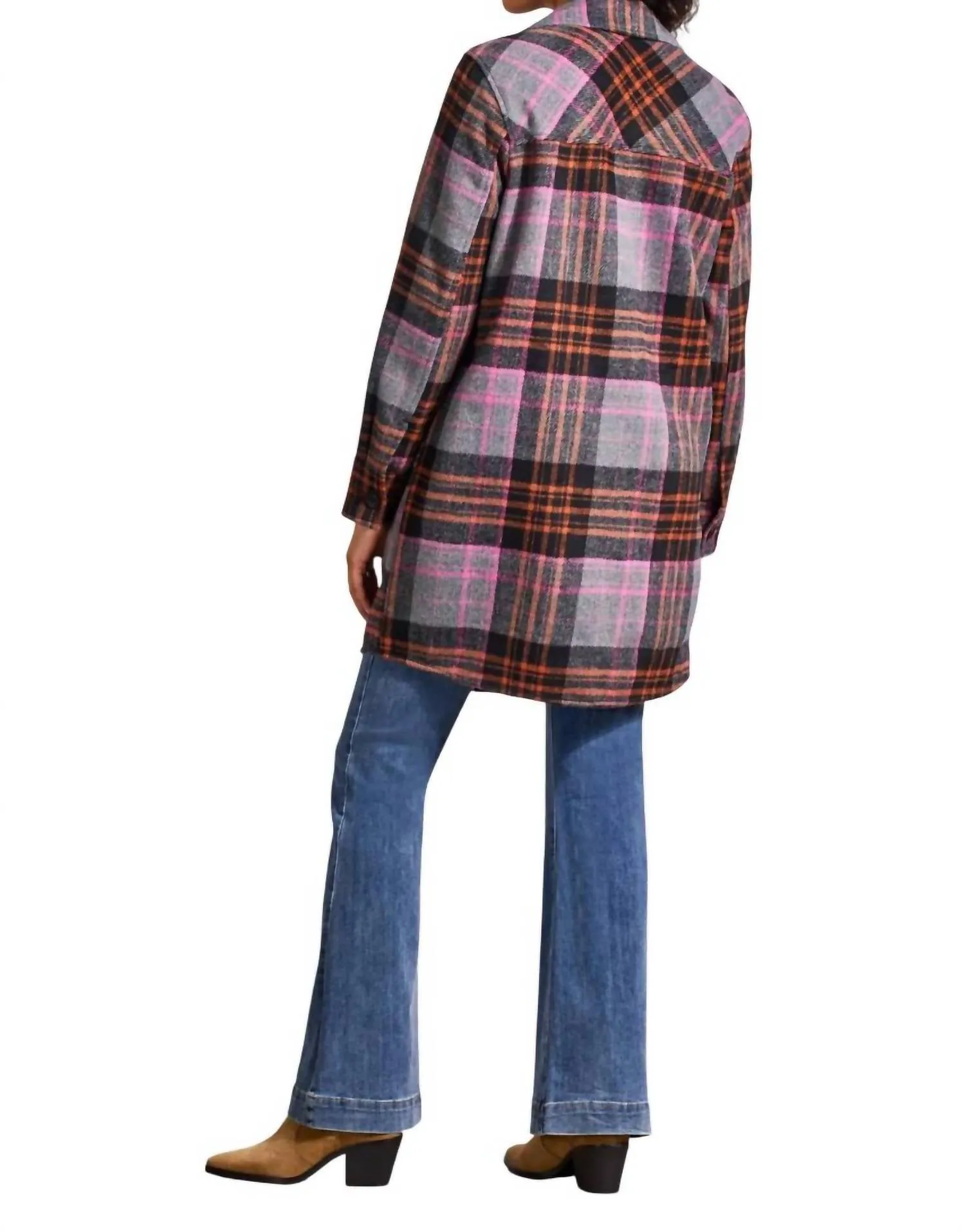 Long Plaid Shacket In Burnt Orange