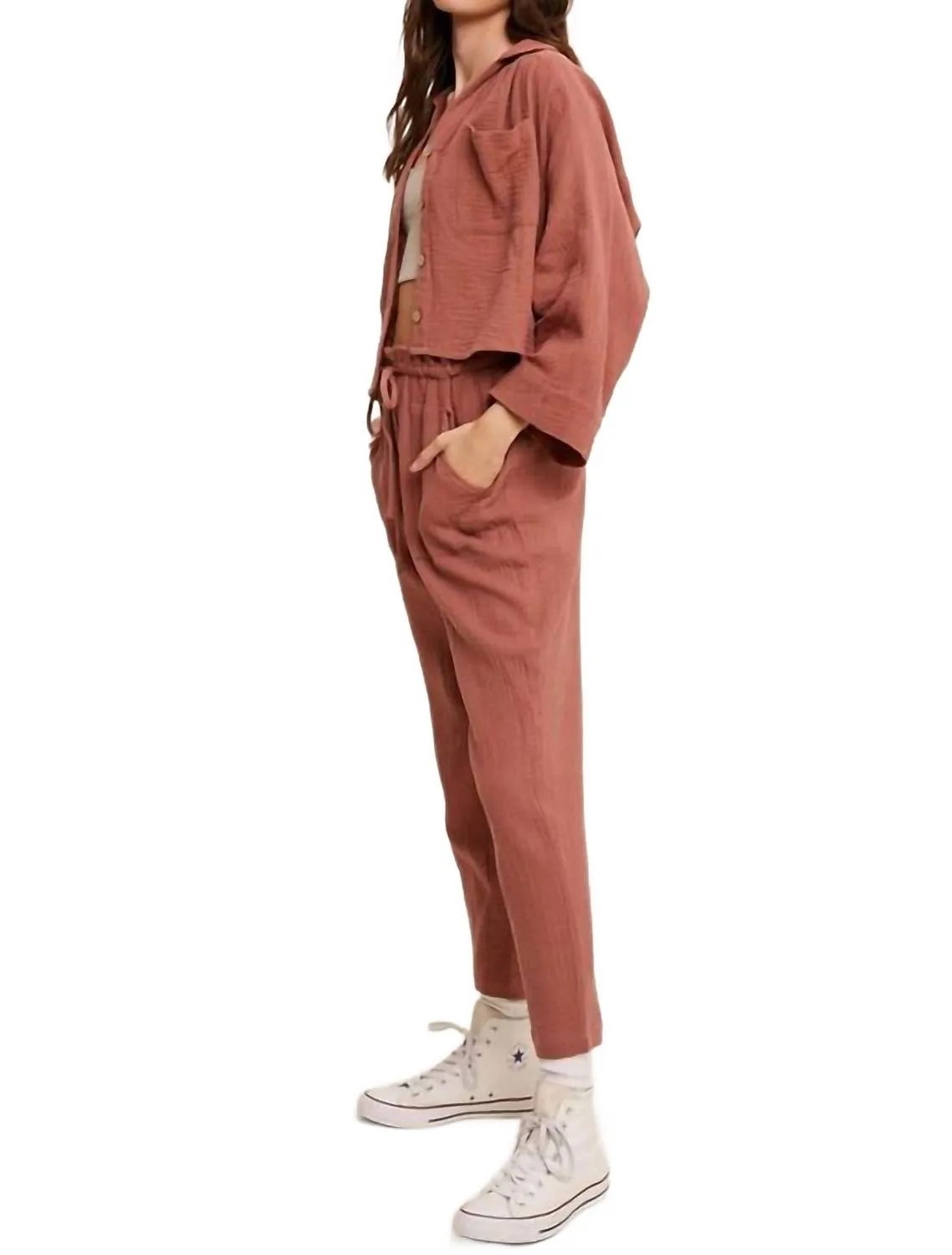 Long Sleeve Button Down And Long Pants Sets In Mocha