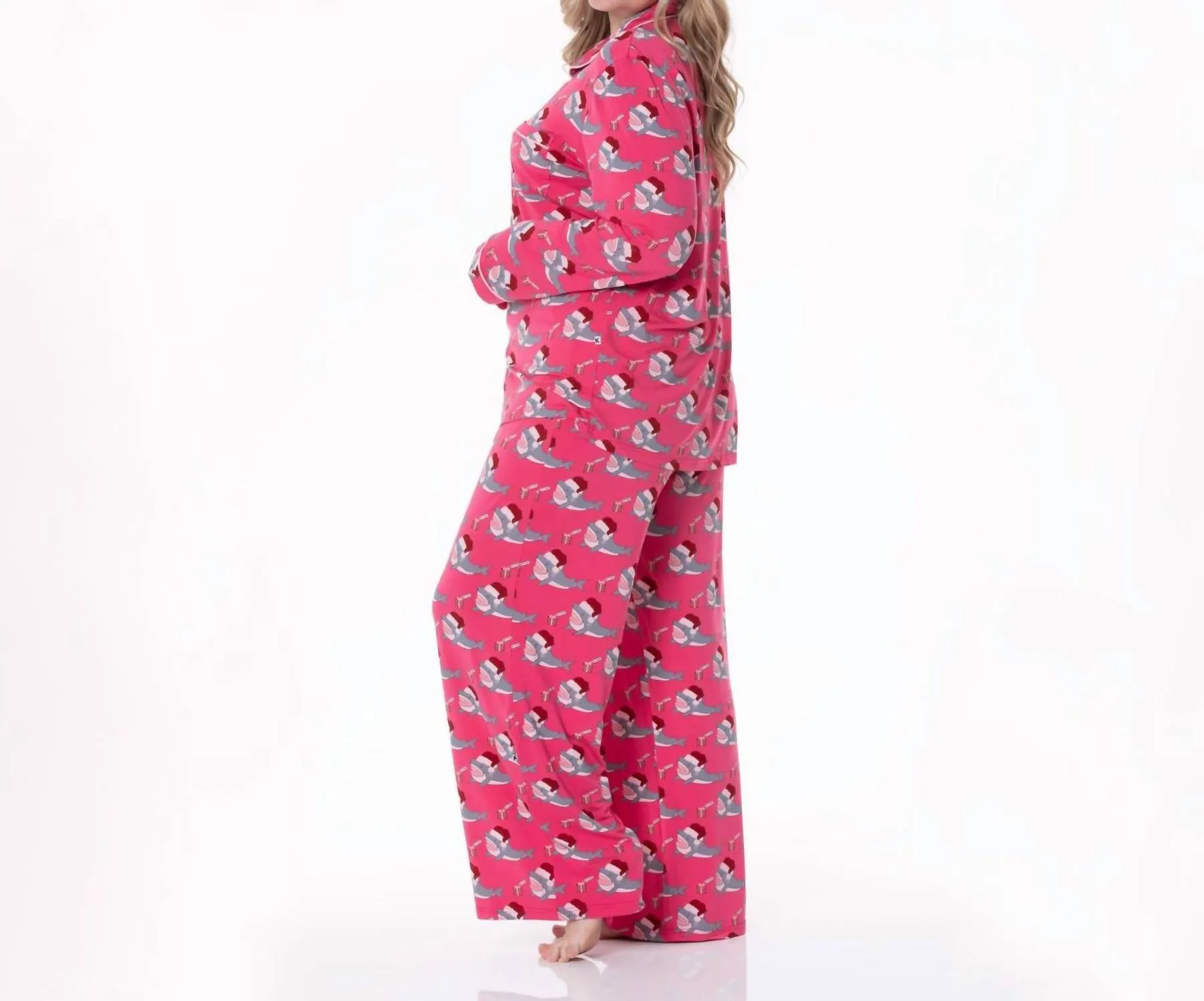 Long Sleeve Collared Pajama Set In Winter Rose Holiday Sharks