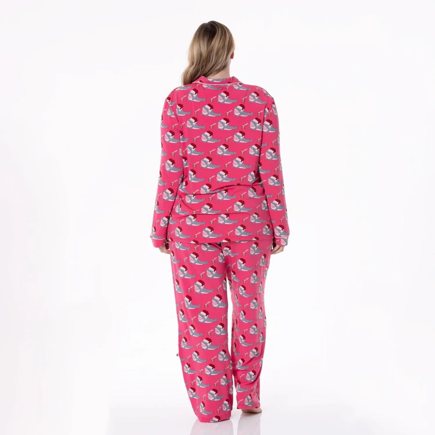 Long Sleeve Collared Pajama Set In Winter Rose Holiday Sharks