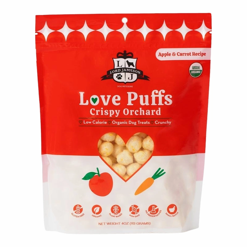 Lord Jameson Organic Dog Treats - Love Puffs - Crispy Orchard 4oz Bag dog biscuit treats,crunchy dog snacks,dog cookies