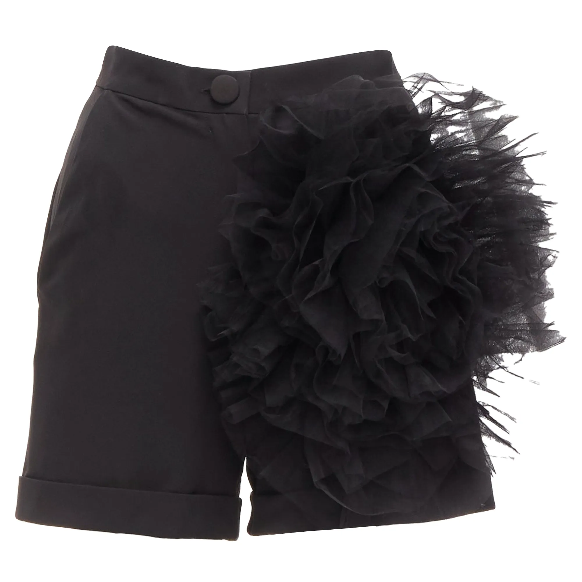 Loulou Studio Oversized Tulle Flower High Waisted Cuffed Shorts